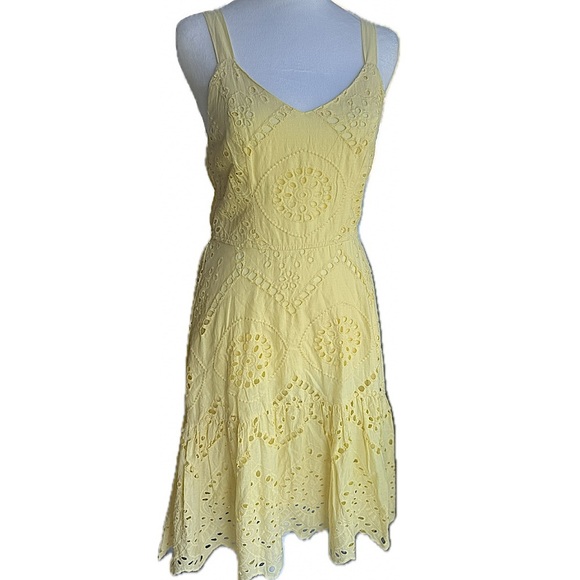 Japna Eyelet Cotton Sundress with Smocked Back & Ruffle Hem Yellow Dress S - Picture 2 of 8